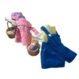 Bunny Themed Dog Clothing Set of 2 Blue Overalls & Pink Dress With Easter Basket